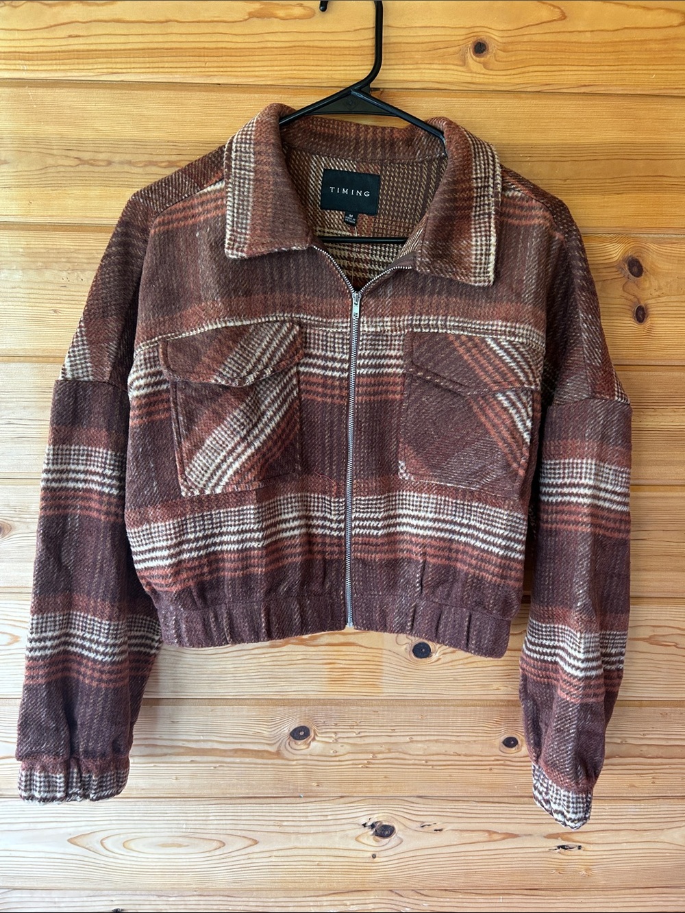 Timing Brown Plaid Zip-Front Cropped Jacket